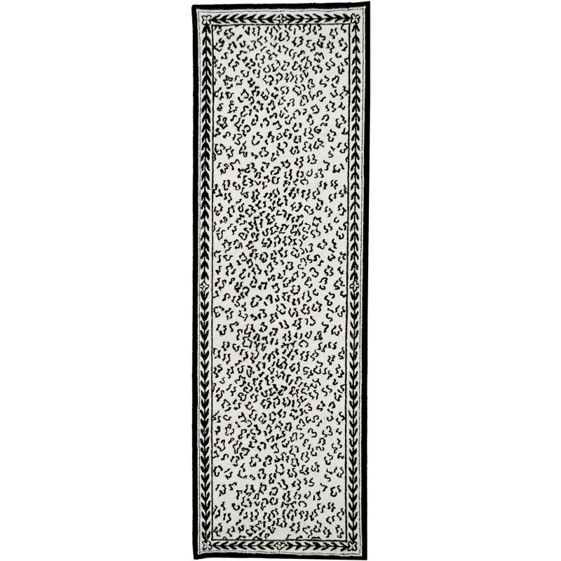 White and Black Floral Hand-Knotted Wool Runner Rug