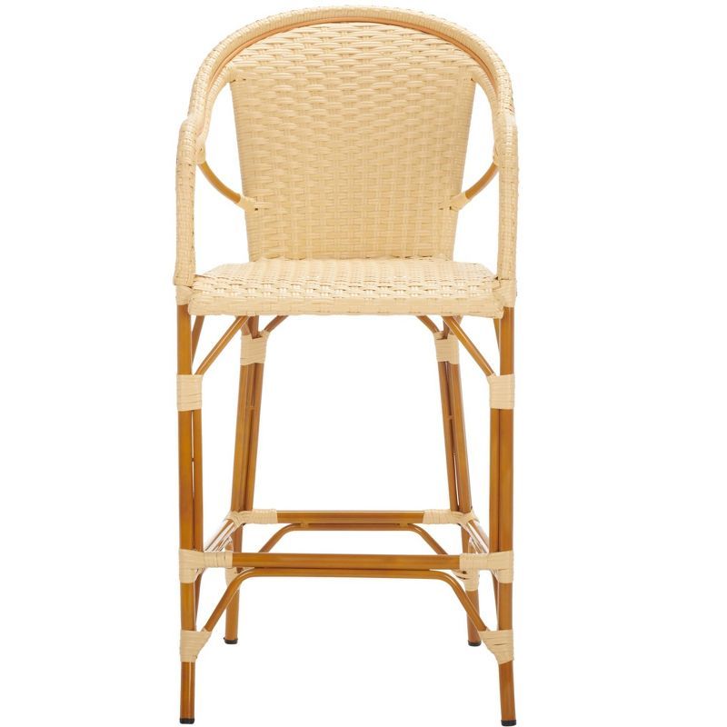 Natural Woven Faux Wicker and Aluminum Bar Stool with Arms