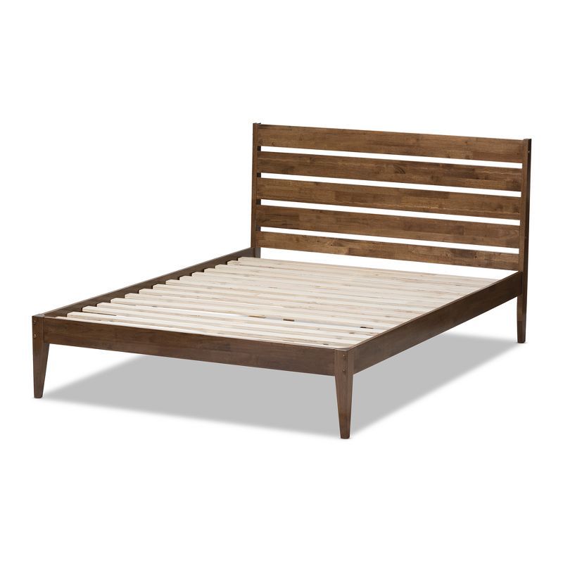 Scandinavian Inspired King-Sized Walnut Wood Slatted Platform Bed