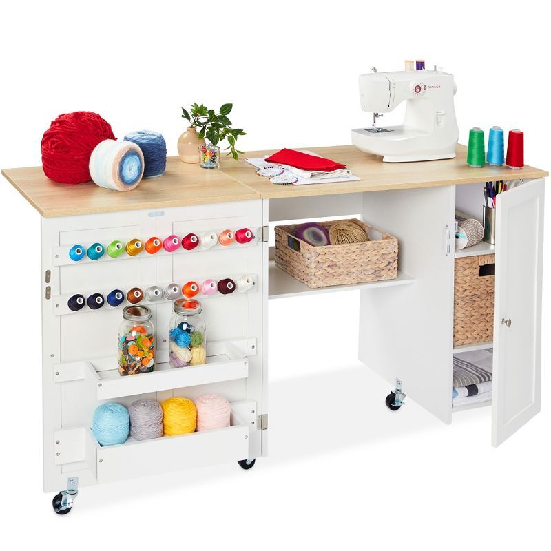 Natural White MDF Folding Sewing Table with Storage and Wheels