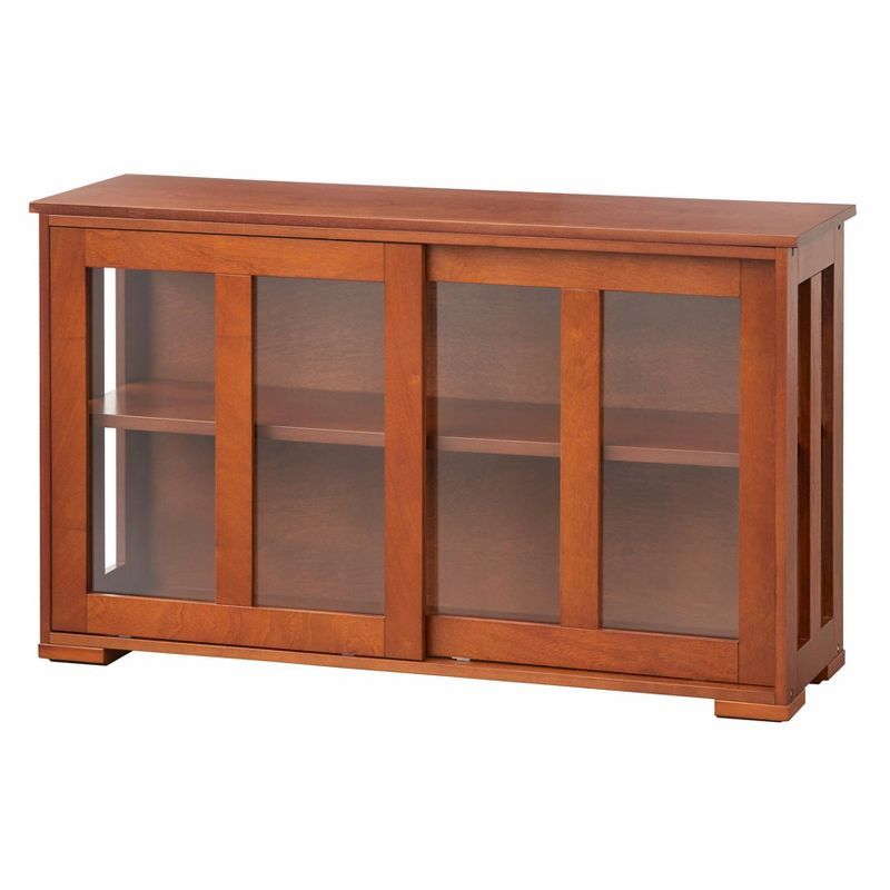 Walnut Wood and Glass Sliding Door Storage Cabinet with Adjustable Shelving