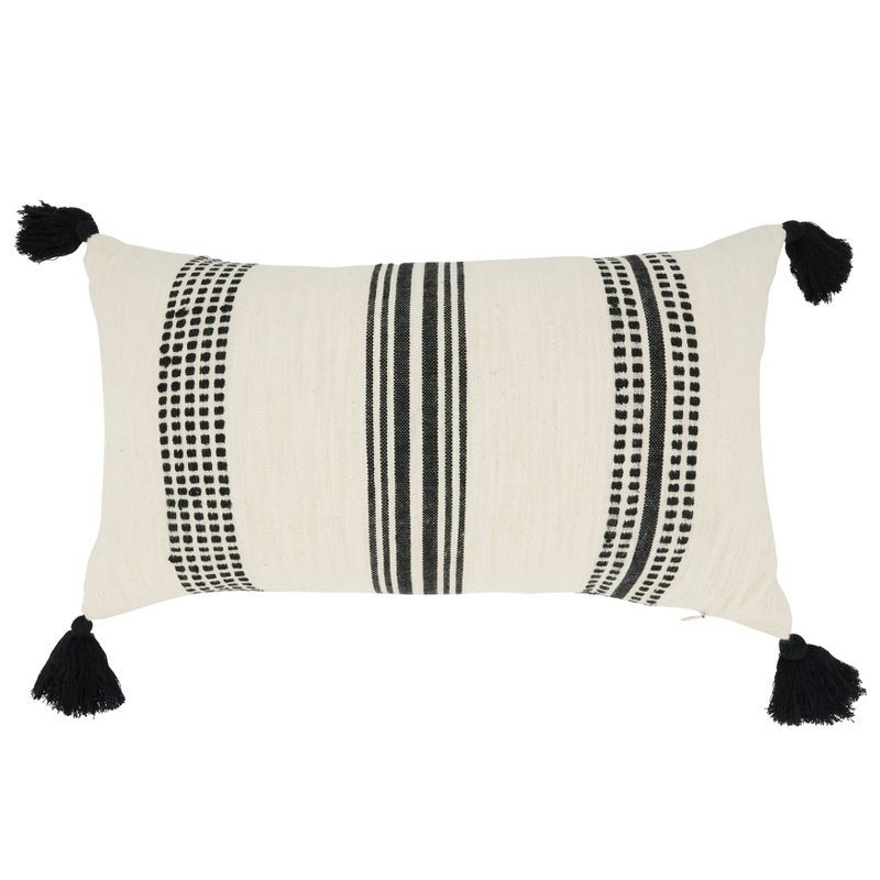 Black and White Cotton Striped Throw Pillow with Tassels