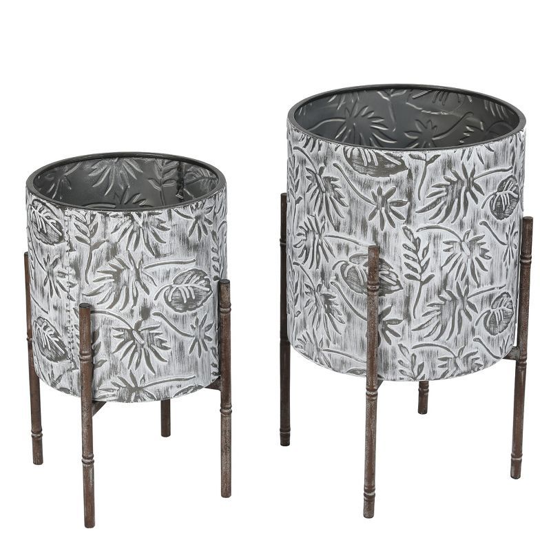 Coastal Distressed White & Gray Metal Planters with Bamboo-Style Stand