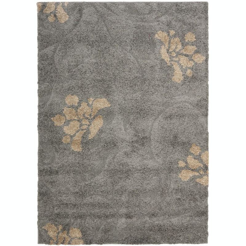 Elegant Grey Beige Floral Synthetic Shag Rug, 5'3" x 7'6"