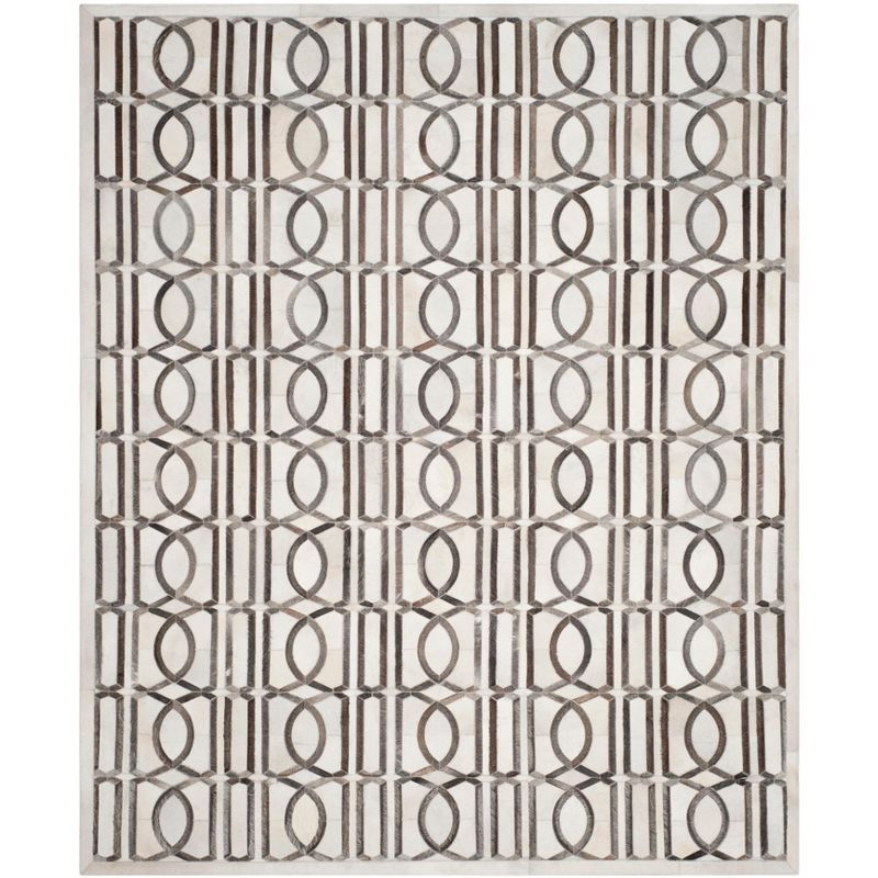 Ivory and Gray Hand-Knotted Geometric Cowhide Rug