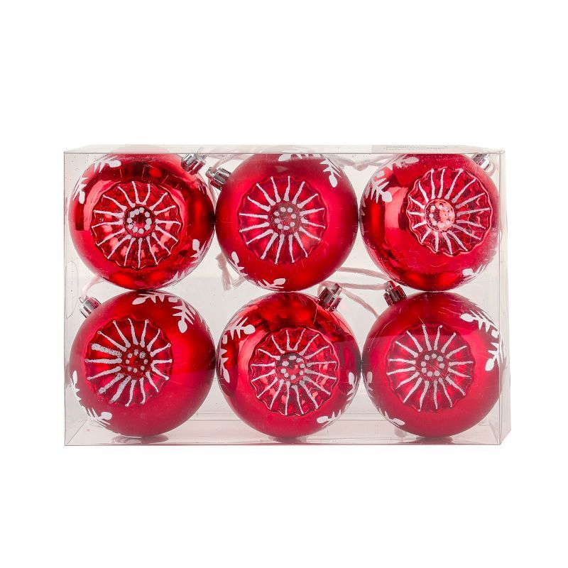 Red and White Shatterproof Plastic Christmas Ornaments Set of 6