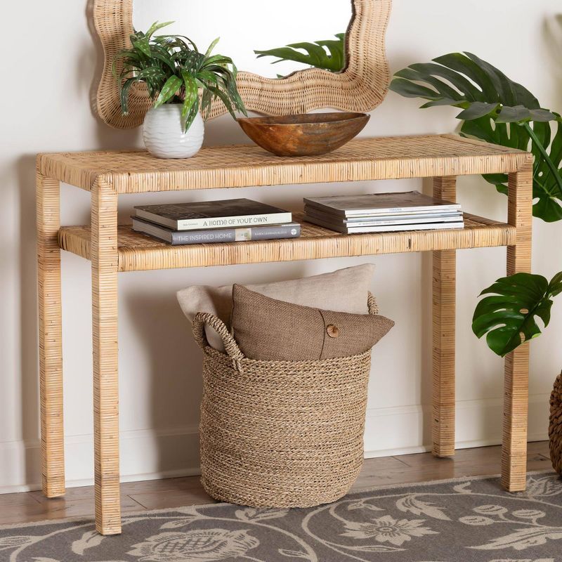 Light Honey Acacia Wood and Rattan Console Table with Storage