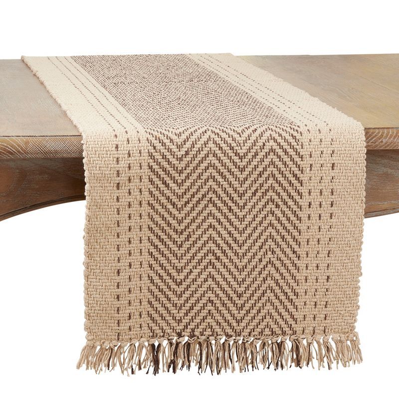 Natural Cotton Kantha Stitch Table Runner with Fringe