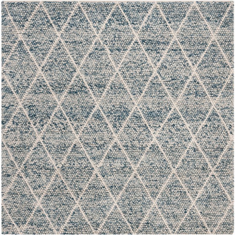 Ivory and Blue Hand-Tufted Wool Square Area Rug, 6'x6'