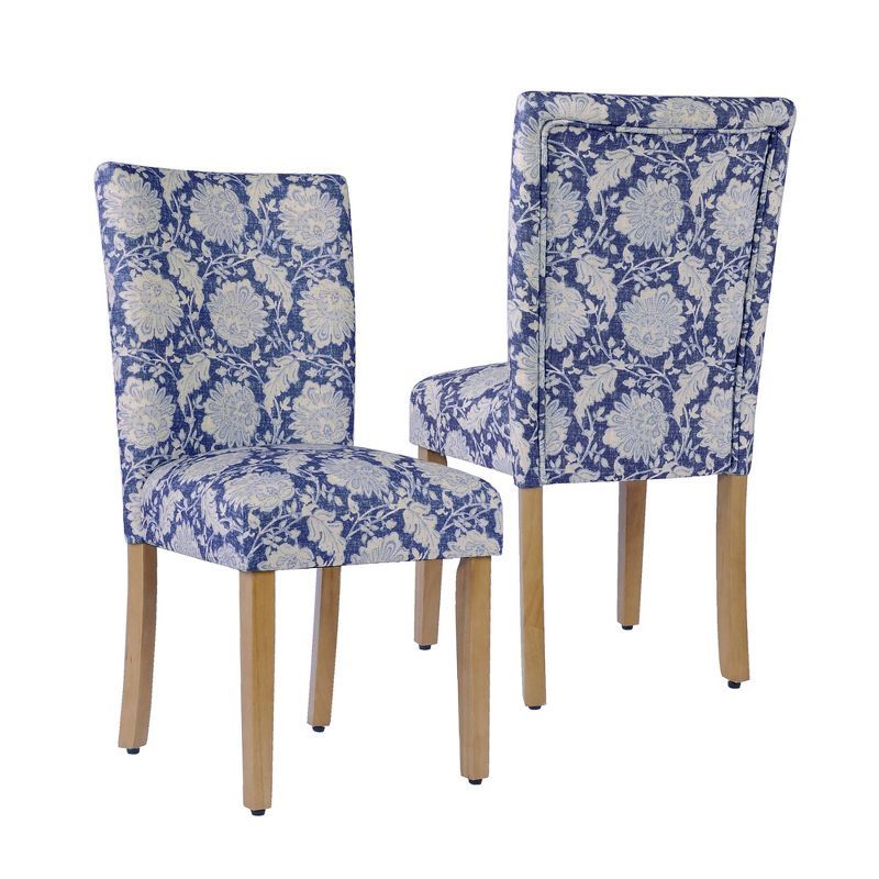 Blue Floral Upholstered Parsons Side Chair with Wood Legs, Set of 2