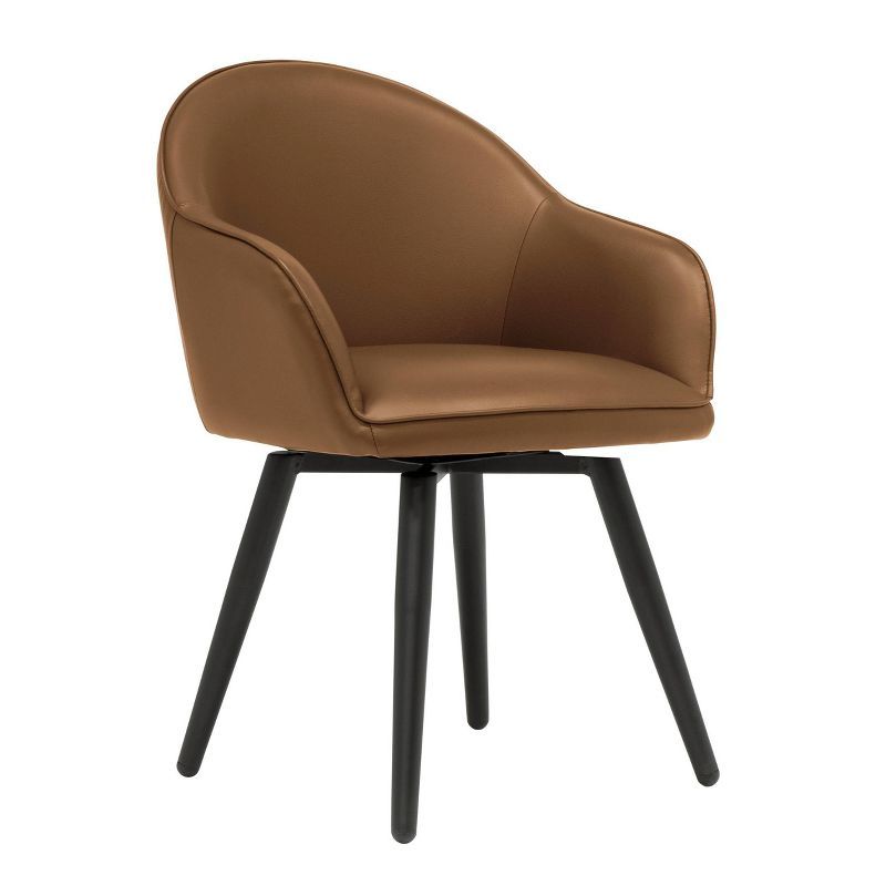 Matte Black Metal Swivel Armchair with Brown Leather Seat