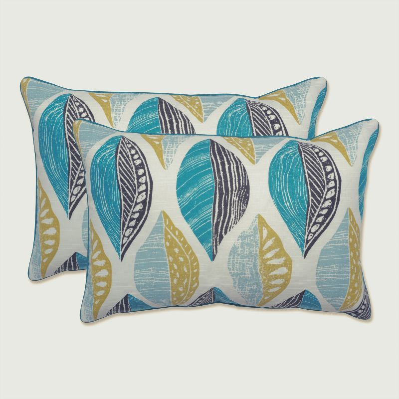 Set of 2 Teal and Citron Leaf Block Rectangular Throw Pillows