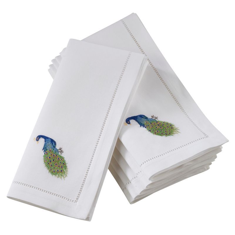 White Cotton Hemstitch Peacock Embroidered Table Napkins Set