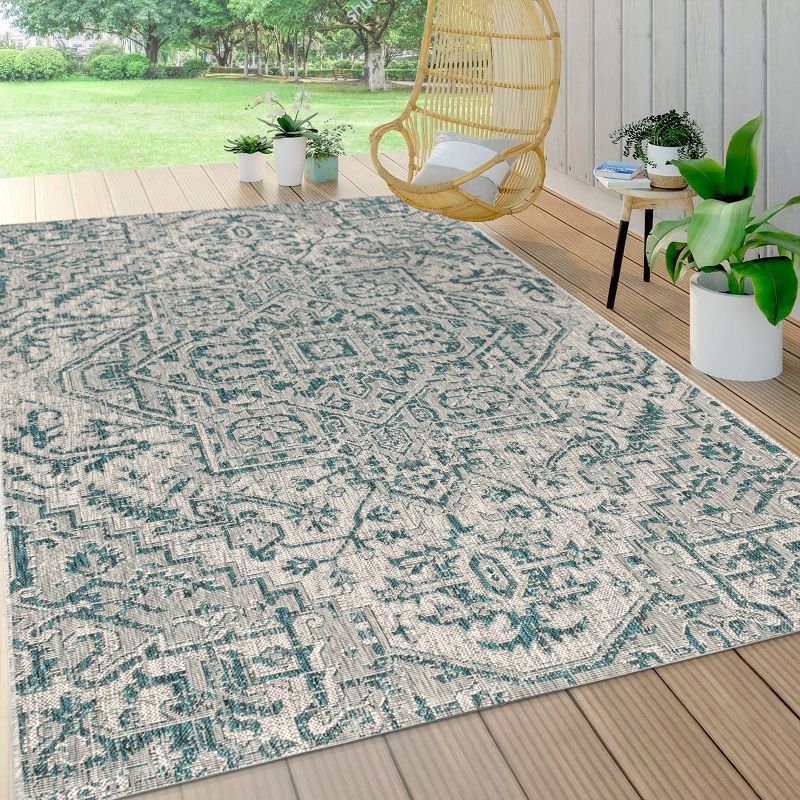 Bohemian Medallion Gray and Teal 9'x12' Indoor/Outdoor Flatweave Rug