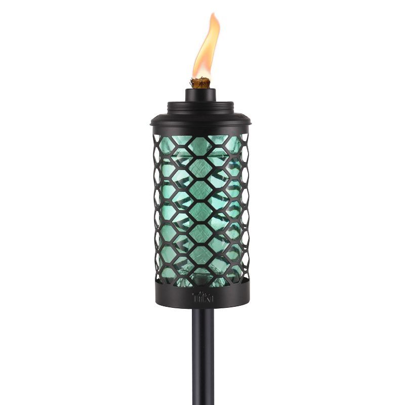 Blue Honeycomb Glass Outdoor Torch with Metal Frame