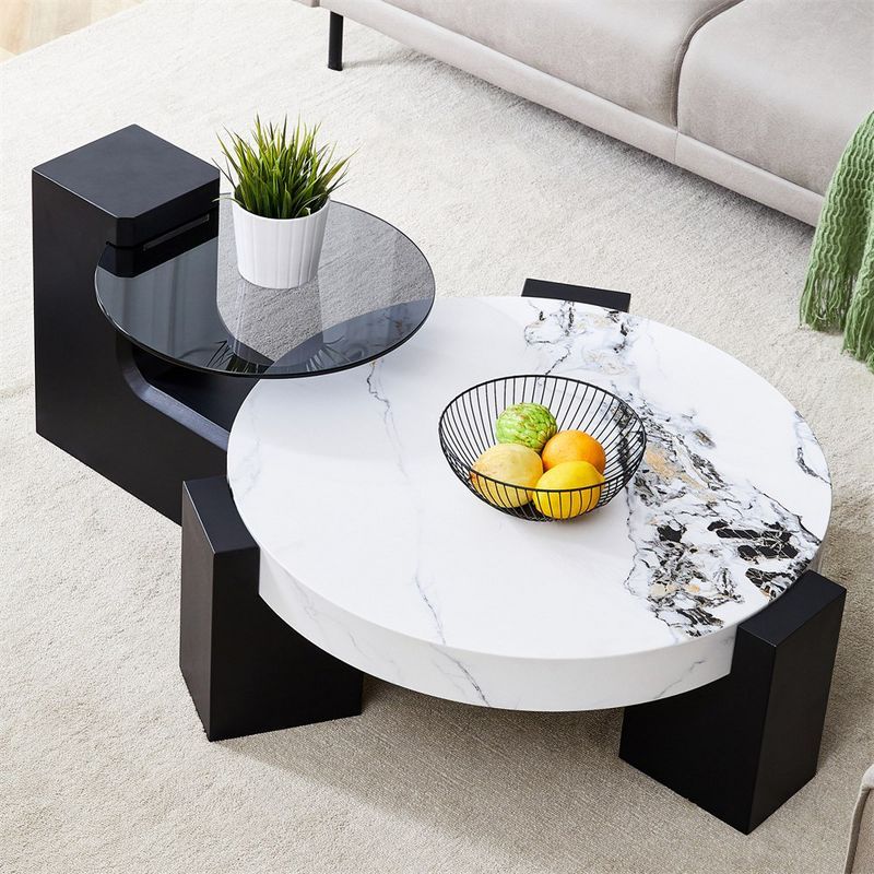 Modern White and Black MDF Coffee Table Set with Glass Top