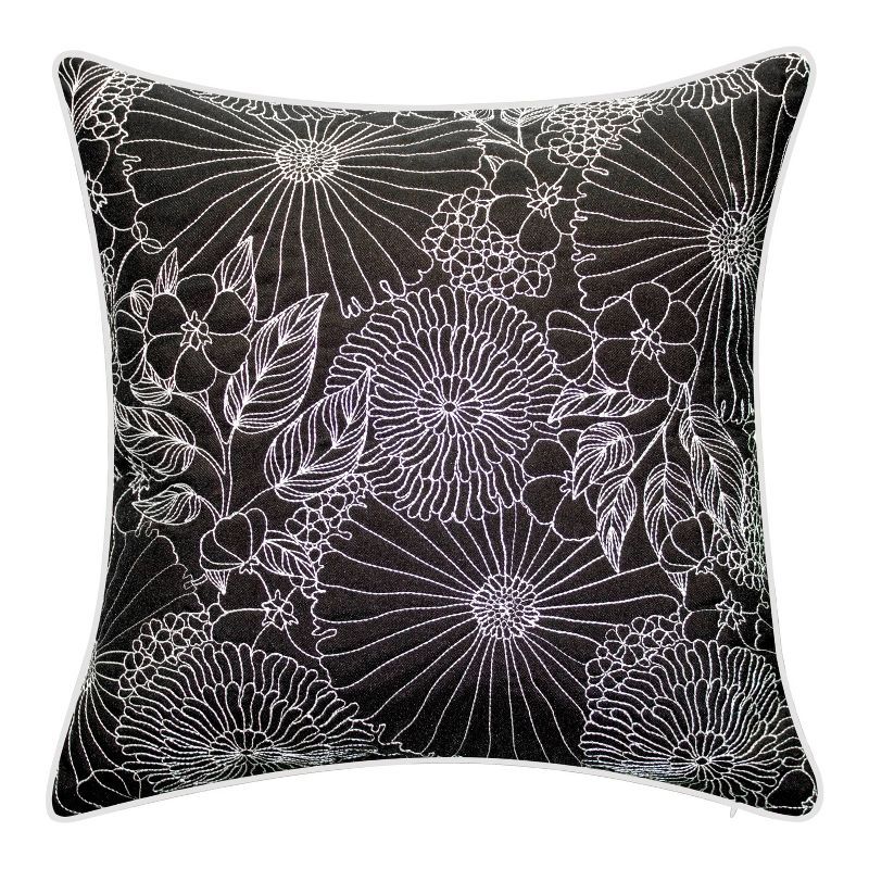 Black and White Floral Embroidered Square Throw Pillow