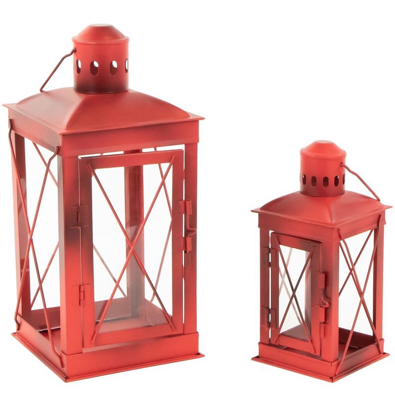 Set of 2 Antique Red Metal and Glass Candle Lanterns