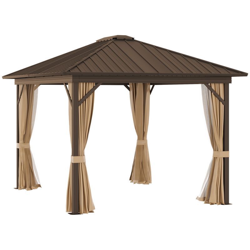 Brown Aluminum and Steel Hardtop Gazebo with Curtains