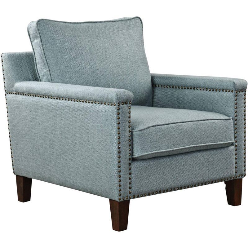 Transitional Sea Mist Blue Fabric Accent Chair with Brass Nailheads