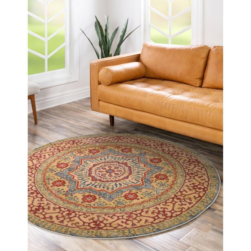 Light Blue and Red Round Synthetic Stain-Resistant Rug