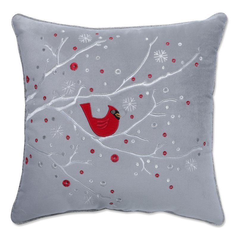 Gray Velvet Embroidered Christmas Cardinal Square Throw Pillow