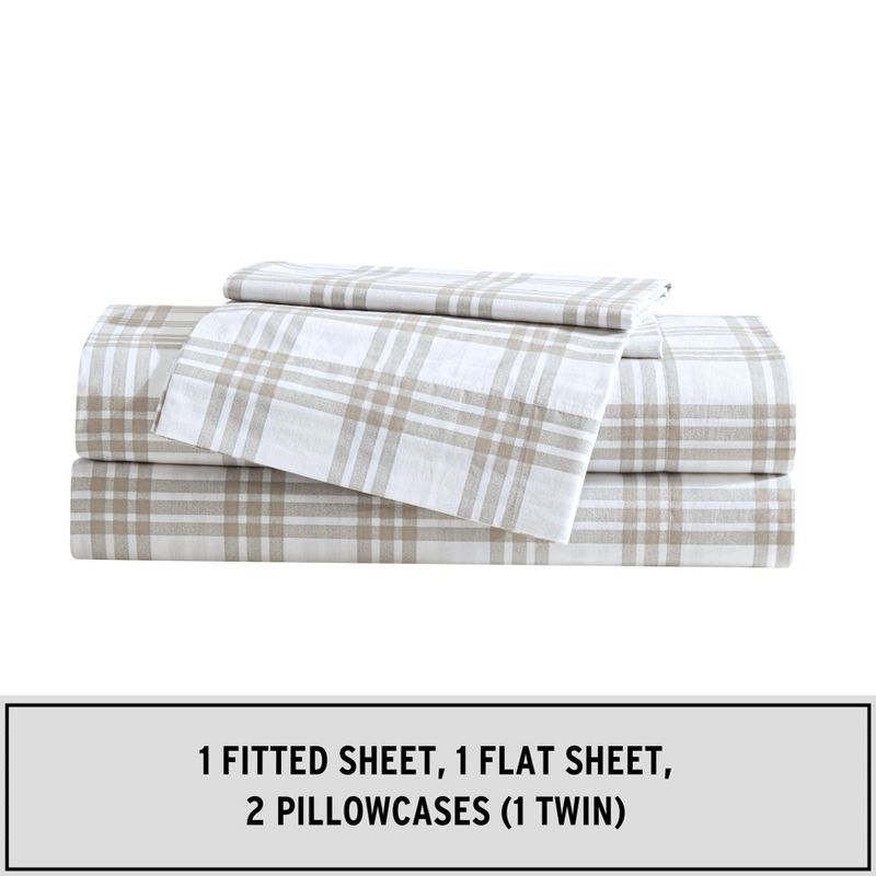 Queen White and Beige Plaid Cotton Percale Sheet Set