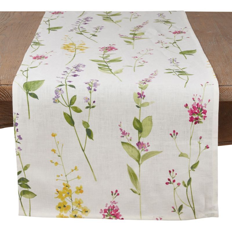 Watercolor Floral Stems Linen Table Runner, Off-White, 16" x 72"