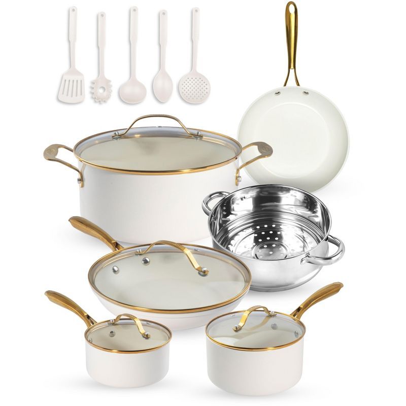 Cream and Gold 15-Piece Nonstick Ceramic Cookware Set