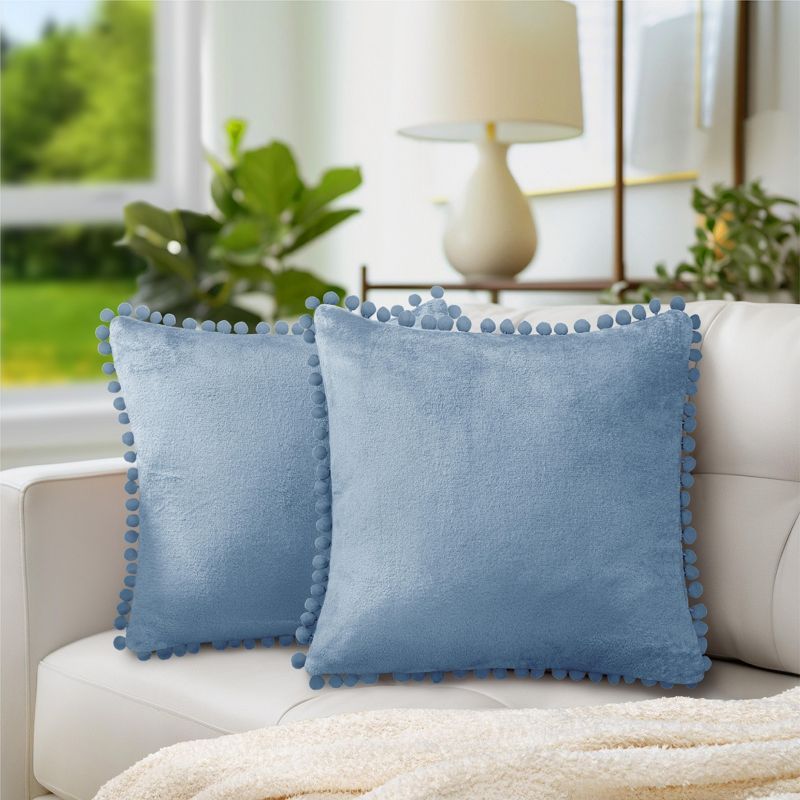 Dusty Blue Velvet Euro Pillow Covers with Pom Pom Fringe, 18x18 Set