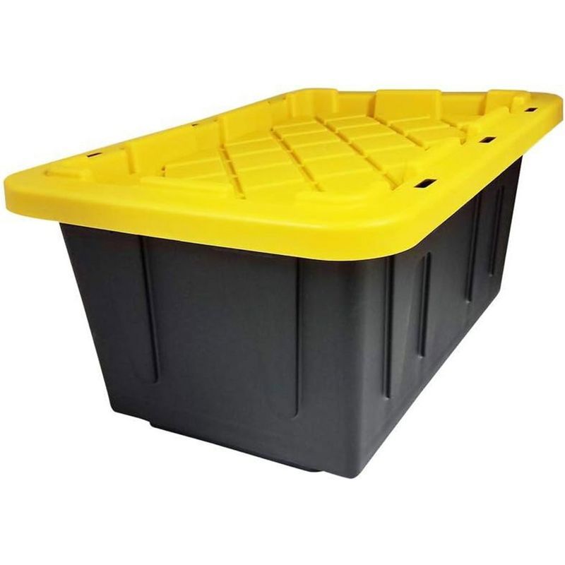 Heavy Duty Black and Yellow Stackable Storage Tote with Lid, 27 Gallon