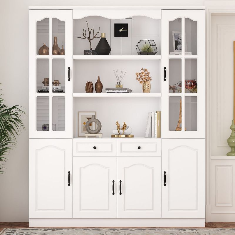 White Tall Engineered Wood Bookshelf with Glass Doors and Adjustable Shelves