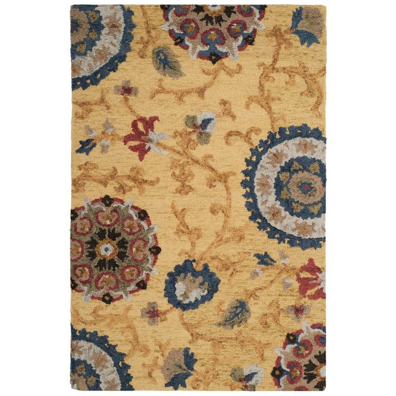 Elegant Floral Gold and Multicolor Hand-Tufted Wool Rug 2'3" x 4'