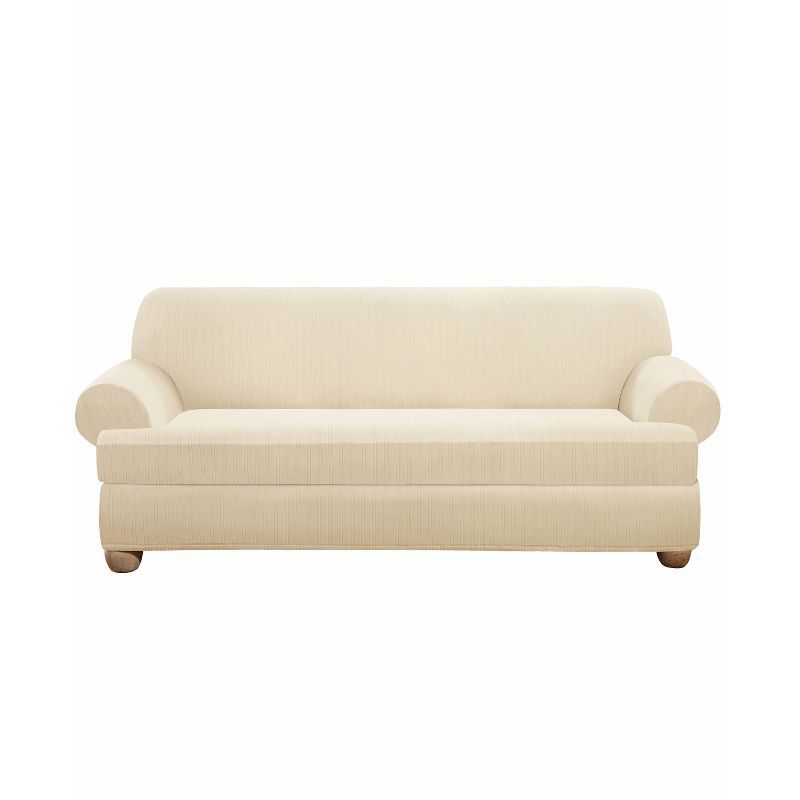 Cream Stretch Pinstripe T-Cushion Sofa Slipcover