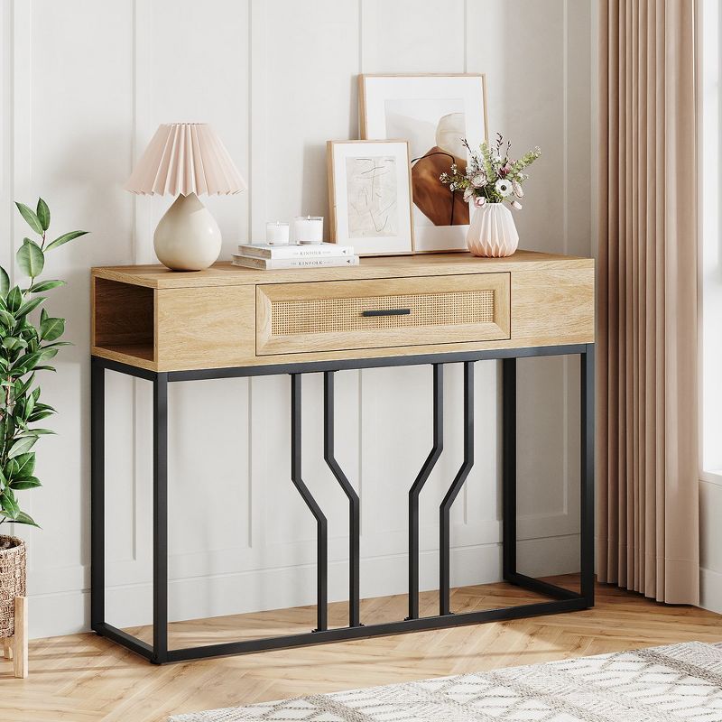 Beige and Black Rattan Console Table with Storage Drawer