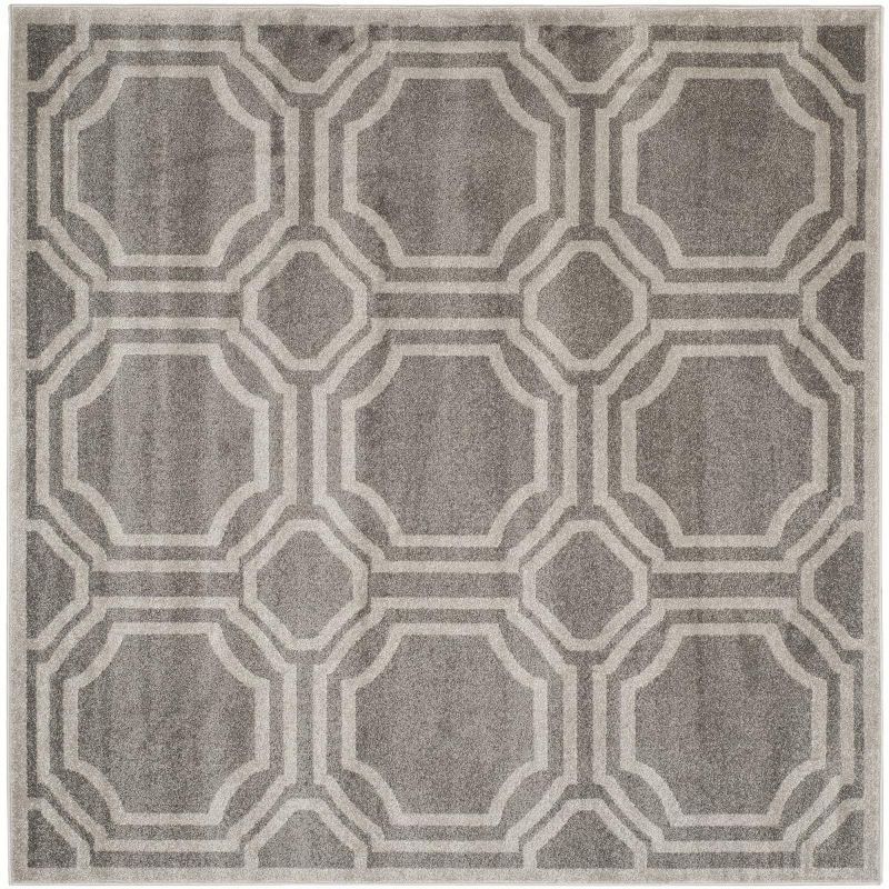 Grey and Light Grey Geometric Synthetic 7' x 7' Square Area Rug