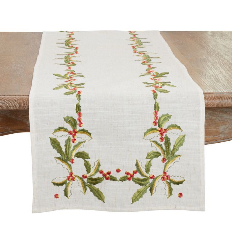 Natural Embroidered Holly Design Christmas Table Runner