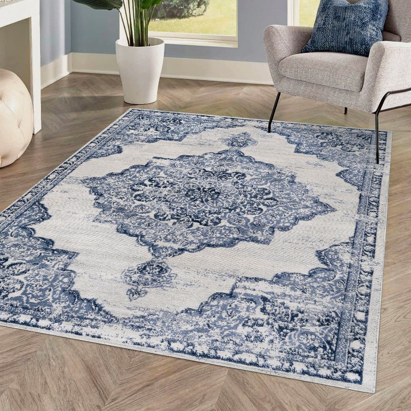 Light Blue/Ivory Synthetic Flat Woven Round Reversible Rug