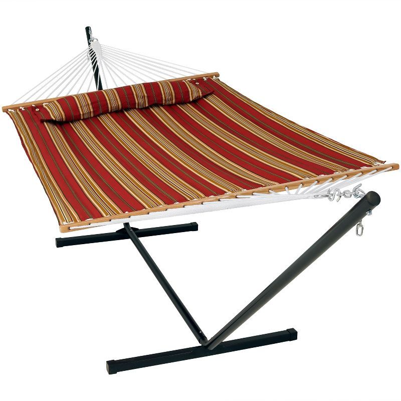 Red and Brown Quilted Fabric 2-Person Hammock with Steel Stand