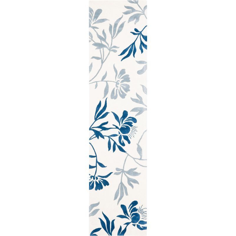 Ivory and Blue Floral Hand-Tufted Wool Runner Rug