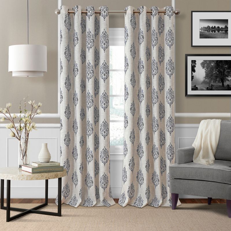 Gray and White Medallion Room Darkening Grommet Drapes