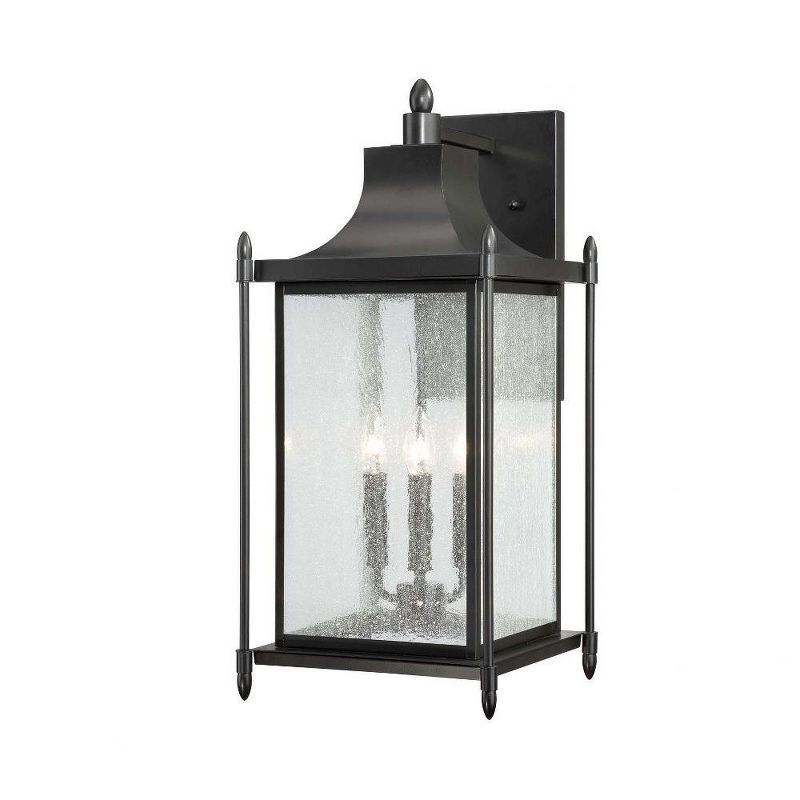 Black Transitional Outdoor Lantern Sconce with Clear Seeded Glass