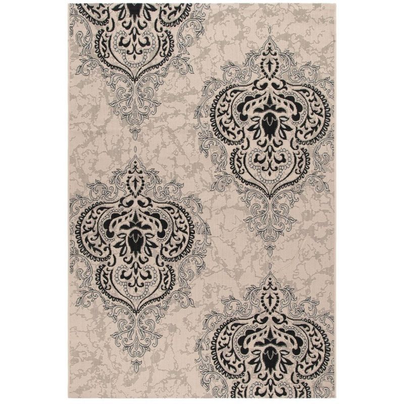 Cream and Black Medallion Synthetic Outdoor Area Rug