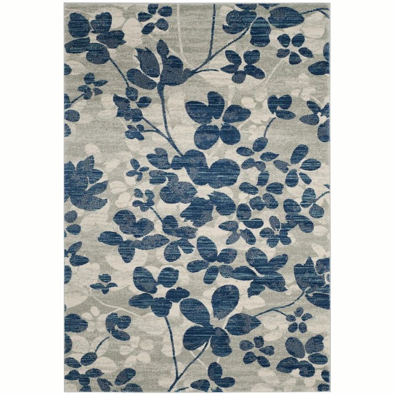 Grey and Light Blue Floral Synthetic Area Rug, 6'7" x 9'