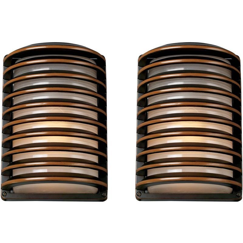 Banded Grid Bronze Wall Sconces with Frosted Glass - Set of 2