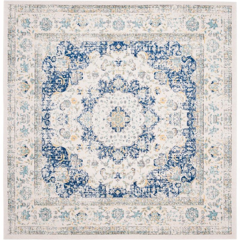 Ivory and Blue Square Hand-knotted Synthetic Area Rug