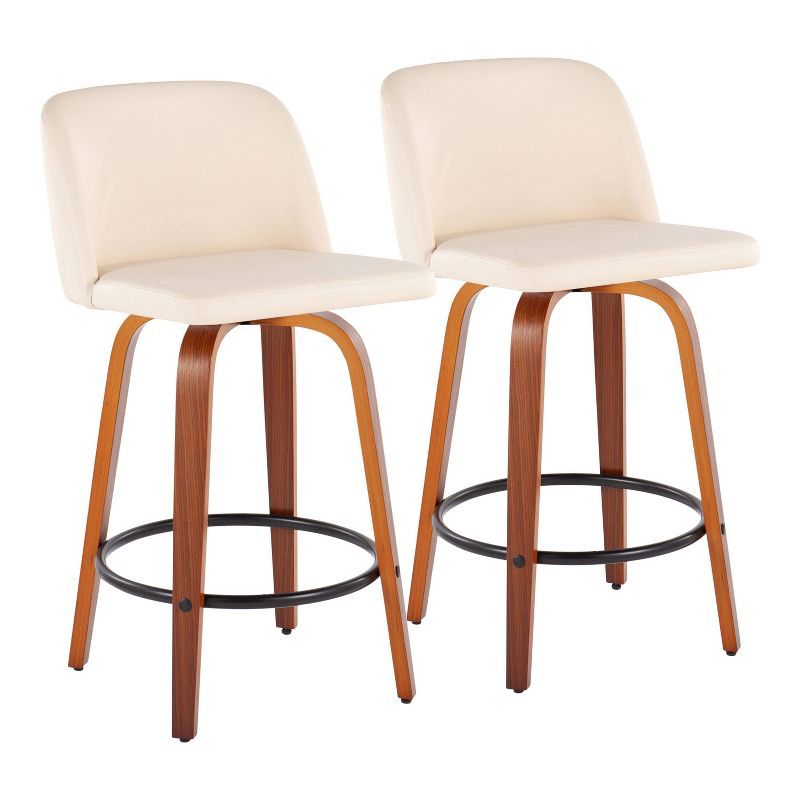 Cream Faux Leather Swivel Counter Stools with Walnut Wood and Black Metal Footrest, Set of 2