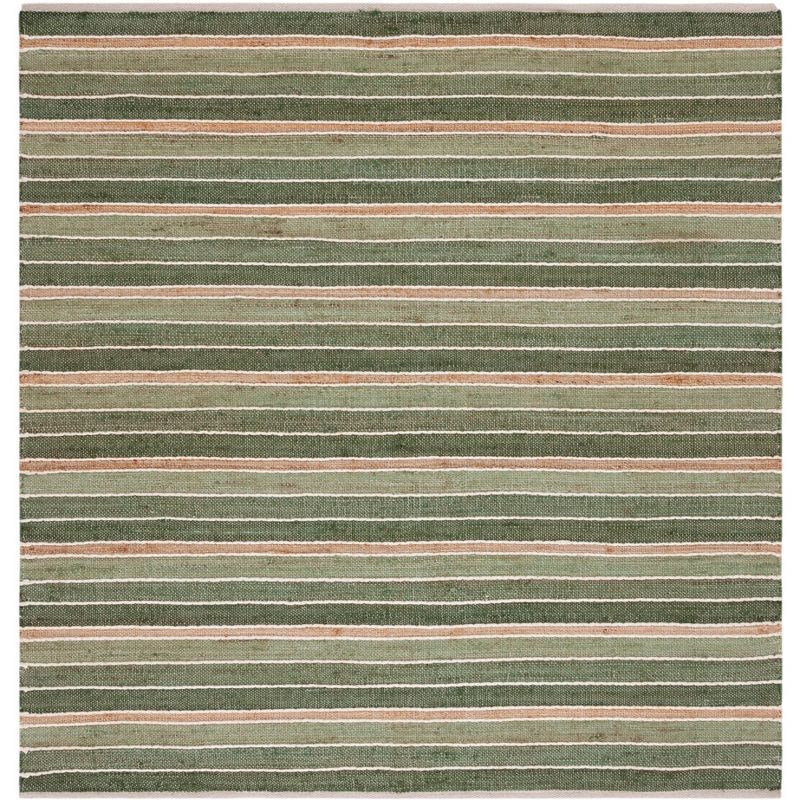 6'6" Square Green and Natural Wool Striped Kilim Rug
