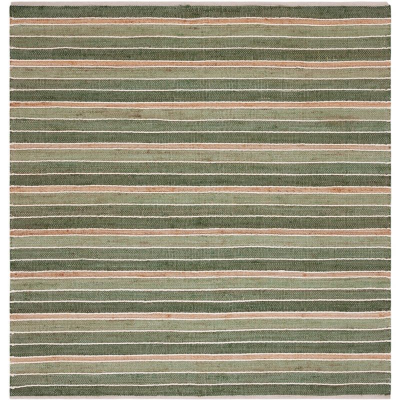 6'6" Square Green and Natural Wool Striped Kilim Rug