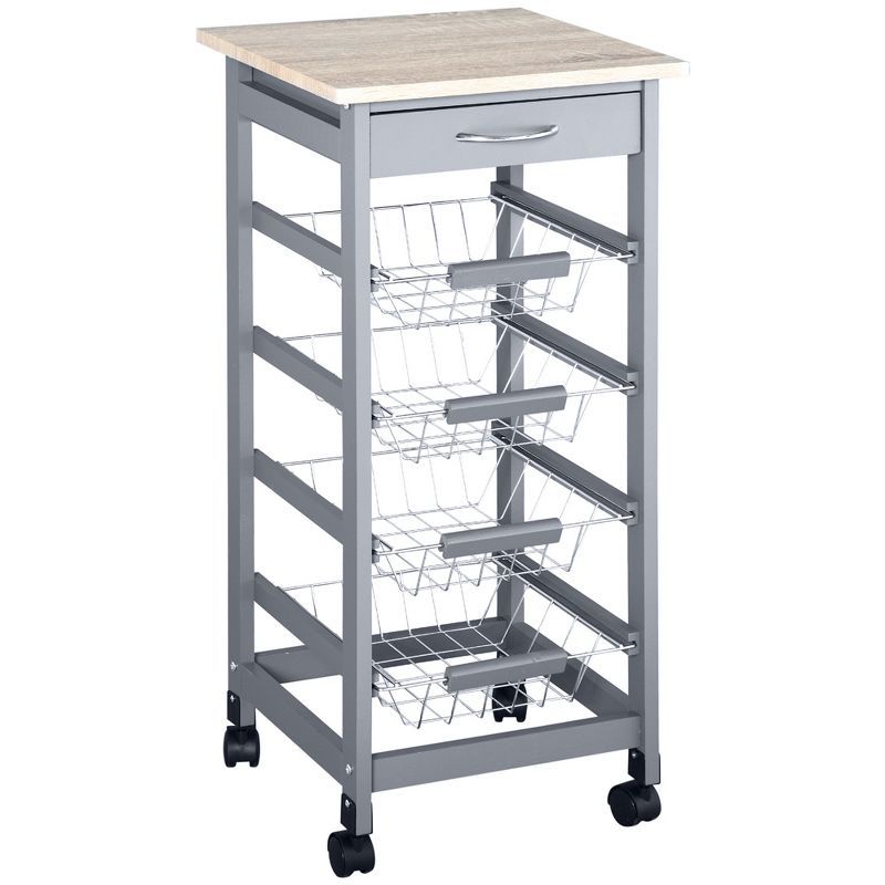 Gray Wooden Rolling Kitchen Cart with Storage Drawer and Baskets